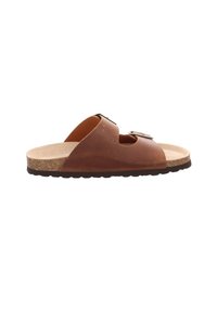 Braune Leder-Sandale mit zwei Ausschnitten, verstellbarem Schnallenverschluss, Korksohle und beigem Fußbett. Glatte Textur mit rundem Design.