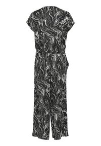 Black and white marbled jumpsuit with short sleeves, elastic waist, and wide legs, featuring a smooth fabric texture.