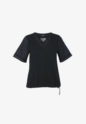 Navy blue V-neck top with short sleeves, featuring a drawstring hem detail and a message inside stating, "I'M YOURS. LOVE ME!"