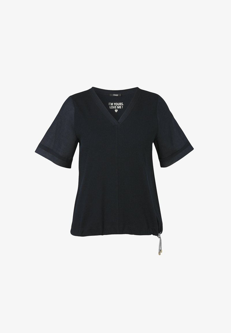 Navyblaues V-Ausschnitt-Oberteil mit kurzen Ärmeln, das über eine Schnürung am Saum verfügt und eine Botschaft innen trägt, die besagt: "ICH BIN DEINS. LIEBE MICH!"