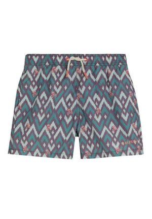 Bañador corto de hombre con patrón de zigzag en verde azulado y morado, pequeñas calaveras rosas, cintura elástica, cordón blanco y logo "Scalpers" en la pierna.