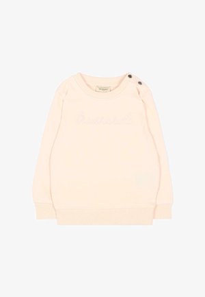 Maglione baby rosa chiaro a maniche lunghe con scollo rotondo, due bottoni a pressione scuri sulla spalla e un logo ricamato discreto sul davanti.