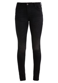 Pantalones vaqueros skinny negros con un diseño clásico de cinco bolsillos, hechos de denim, con cremallera y cierre de botón, y un desgaste mínimo.