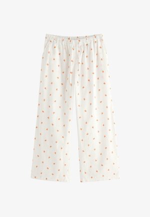 Pantaloni bianchi larghi con vita elasticizzata, caratterizzati da una stampa integrale di piccoli frutti arancioni e tasche laterali.