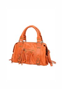 Borsa a tracolla in pelle arancione con doppio manico, dotata di tasca con zip e dettagli metallici decorativi, superficie testurizzata e dettagli con pon-pon.