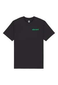 T-shirt en coton noir à manches courtes, col rond, avec le logo texte "element" vert sur la poitrine à gauche. Texture lisse, coupe décontractée.