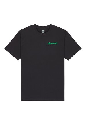 Schwarzes Baumwoll-T-Shirt mit kurzen Ärmeln, Rundhalsausschnitt und grünem "Element"-Textlogo auf der linken Brustseite. Glatte Textur, lockere Passform.
