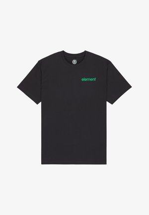 Black cotton t-shirt with short sleeves, crew neck, and green “element” text logo on the left chest area. Smooth texture, casual fit.