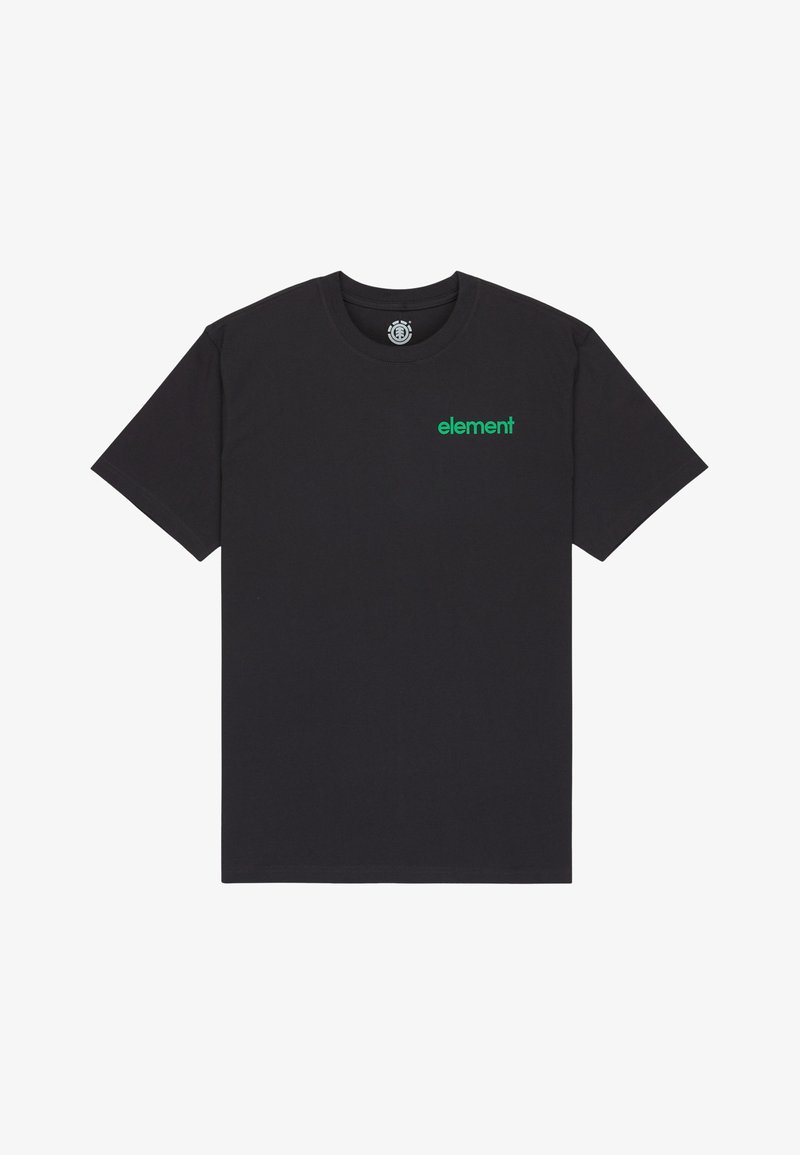 Schwarzes Baumwoll-T-Shirt mit kurzen Ärmeln, Rundhalsausschnitt und grünem "Element"-Textlogo auf der linken Brustseite. Glatte Textur, lockere Passform.