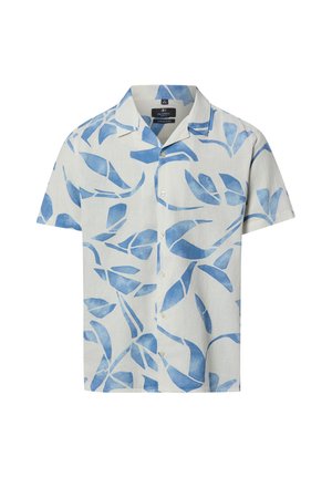 Weißes Kurzarm-Hemd mit blauen abstrakten Blattmustern und einem Hemdkragen, gefertigt aus einem leichten Baumwoll-Leinen-Gemisch.