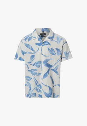 Weißes Kurzarm-Hemd mit blauen abstrakten Blattmustern und einem Hemdkragen, gefertigt aus einem leichten Baumwoll-Leinen-Gemisch.