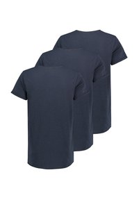 Three navy blue short-sleeve t-shirts with a rounded neck. The fabric appears smooth and lightweight. T-shirts are displayed back-to-back.