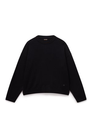 Black knitted sweater with a round neckline, dropped shoulders, and ribbed hem. Soft texture, cropped fit, minimal branding detail.
