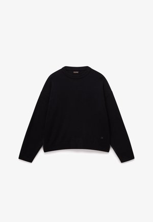 Mustat neulotut neuleet, joissa on pyöreä pääntie, lasketut olkapäät ja ribbireunus. Pehmeä rakenne, lyhyt malli, minimaalinen brändäys.