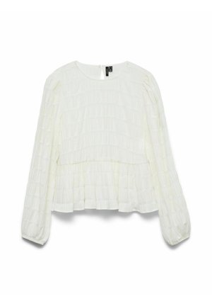 Blusa bianca a maniche lunghe con pieghe testurizzate, scollatura rotonda e chiusura a chiave sul retro, con orlo arricciato.