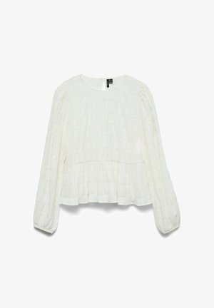 Bela bluza z dolgimi rokavi, ki se ponaša s teksturiranimi gubami, okroglim izrezom in zadnjim ključavničnim zapiranjem, ter z nabranim robom.