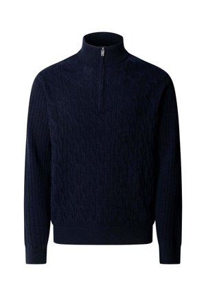 Jersey azul marino de punto trenzado con mangas largas y cuello alto con cremallera hasta un cuarto, puños y bajo acanalados.