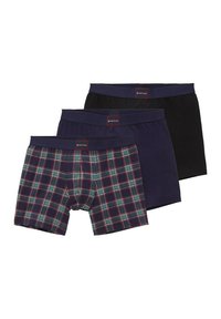 Tričko boxerky: jedna námornícky modrá a čierna jednofarebná, jedna tmavo károvaná s zelenými a červenými akcentmi. Mäkká tkanina, elastický pás.