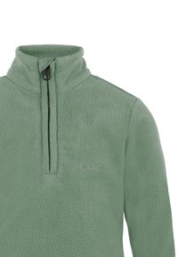 Pullover in pile verde chiaro con colletto alto, zip a metà e logo "protest" ricamato sul petto.