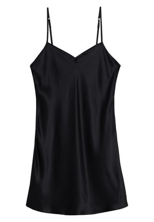 Zwarte satijnen camisole met dunne verstelbare bandjes, V-hals en een gladde, lichte textuur. Eenvoudig ontwerp met een rechte zoom.