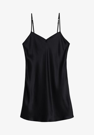 Svart satin camisole med tunna justerbara axelband, V-ringning och en mjuk, lätt textur. Enkel design med rak fåll.