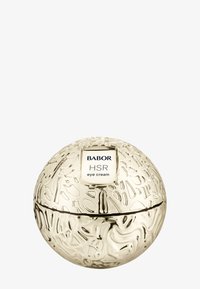 Złote, okrągłe opakowanie o teksturowanej powierzchni z białą etykietą z napisem „Babor HSR krem pod oczy”. Wieczko rozdziela się na pół.