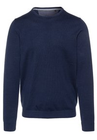 Marinblå crew neck-tröja i stickad tyg. Har lång ärmar och ribbade muddar och nederkant. Minimalistisk design utan framträdande mönster.