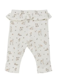 Baumwollleggings mit weißem Hintergrund, der ein braunes Blumen- und Tiermuster zeigt, mit gerafftem Bund und schmal zulaufenden Beinöffnungen.