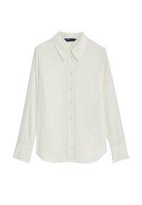 Camicia bianca a maniche lunghe con colletto, caratterizzata da chiusura con bottoni e dettagli di occhielli lungo le maniche, realizzata in tessuto leggero e morbido.