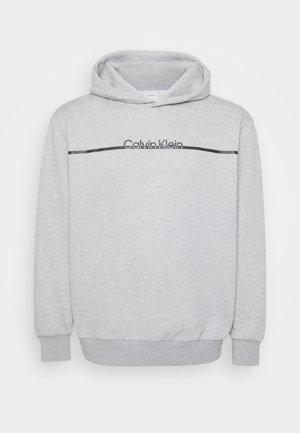 Gray hoodie made of soft fabric featuring a front logo, black horizontal stripe across the chest, and ribbed cuffs and hem.