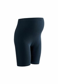 Pantaloni corti a coste blu scuro con vita alta e vestibilità aderente, caratterizzati da orli lisci e una texture morbida, progettati per comfort e supporto.