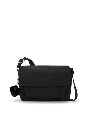 Schwarze Kipling Umhängetasche mit verstellbarem Gurt, vorderer Klappen-Tasche und einem kleinen Affen-Schlüsselanhänger.