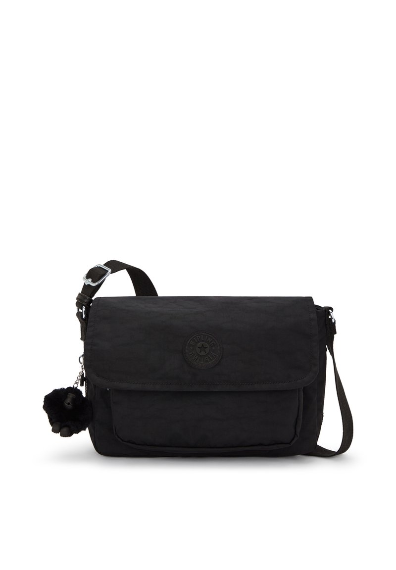 Borsa a tracolla Kipling nera con tracolla regolabile, tasca con patta anteriore e un piccolo portachiavi a forma di scimmia attaccato.