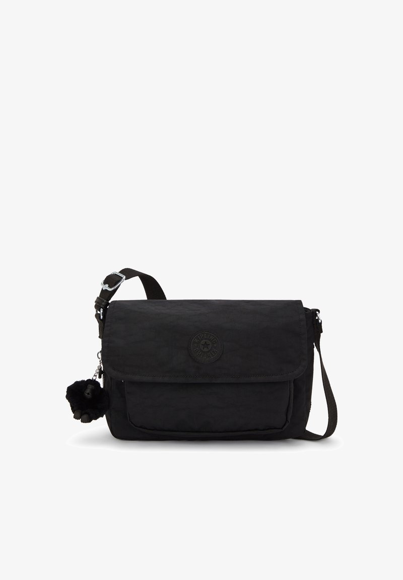 Borsa a tracolla Kipling nera con tracolla regolabile, tasca con patta anteriore e un piccolo portachiavi a forma di scimmia attaccato.