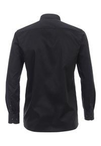 Zwarte blouse met lange mouwen, voorzien van een klassieke kraag, een gladde textuur en knoopmanchetten. De achterzijde toont een getailleerde pasvorm en geen zichtbare patronen.