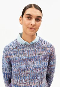 Gebreide trui in meerdere kleuren blauw, rood en wit, met een ronde hals en een gestructureerd patroon. Gedragen over een lichtblauw overhemd met kraag.