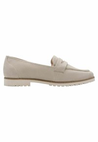 Light beige loafers made of soft suede with a seam detail and a textured strap across the vamp. Thick, white rubber sole with grooves.