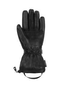 Schwarze Lederhandschuhe mit strukturierter Oberfläche, ausgestattet mit einem elastischen Bündchen und einem Riemen für sicheren Halt. Fünf-Finger-Design mit Nähdetails.