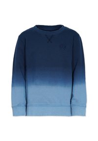 Langärmliges Crewneck-Sweatshirt mit einem Farbverlauf von Dunkelblau oben zu Hellblau unten, versehen mit einer kleinen Logo-Stickerei.