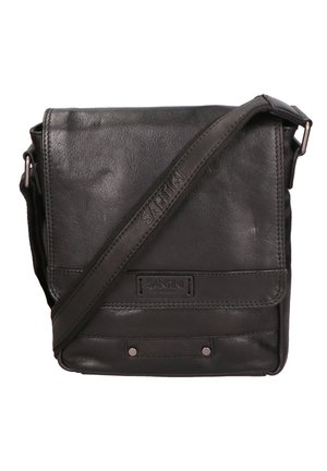 Borsa a tracolla in pelle nera con patta frontale, logo "Santini" in rilievo sulla tracolla e sulla patta, fissata con due rivetti metallici nella parte inferiore.