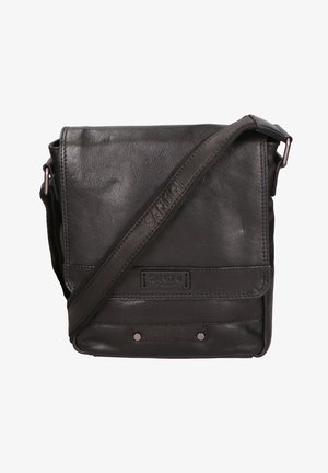 Borsa a tracolla in pelle nera con patta frontale, logo "Santini" in rilievo sulla tracolla e sulla patta, fissata con due rivetti metallici nella parte inferiore.