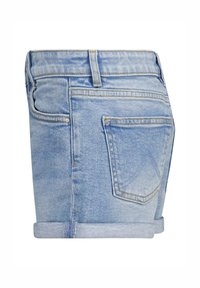 Light blue denim shorts, featuring a rolled hem, five pockets, and contrasting yellow stitching. Classic casual design with a fitted silhouette.