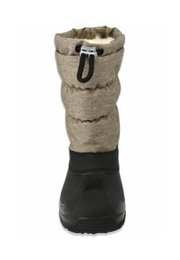 Brauner Winterstiefel aus Stoff mit einer strukturierten, gesteppten Oberseite und einer schwarzen Gummisohle. Verfügt über einen Kordelzugverschluss am oberen Rand.