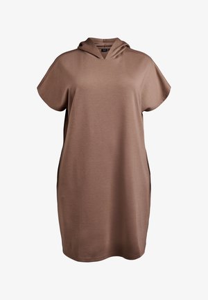 Brown short-sleeve hoodie dress featuring a loose fit, soft texture, side slits, and a relaxed hood without any additional accents.
