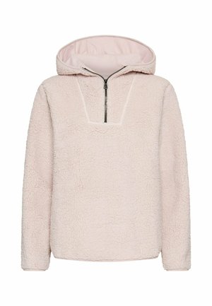 Jasnoróżowa polarowa bluza z kapturem z półzamkiem z przodu, teksturowana tkanina i podszyty kaptur. Charakteryzuje się luźnym krojem i lekko skróconą długością.