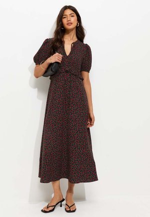 New Look, FLORAL SHORT SLEEVE KEYHOLE MIDI DRESS - Jurk - black pattern