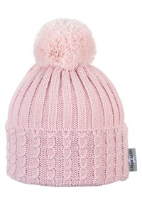 Berretto di lana rosa lavorato a maglia con un motivo a trecce testurizzato, cavallo a costine e un pompon morbido sulla parte superiore. Presenta un piccolo etichetta sul lato.