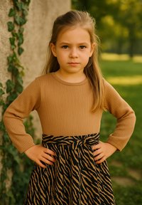 Ein junges Mädchen mit langen Haaren trägt ein braunes Rippenoberteil und einen Rock mit Zebra-Print. Sie steht im Freien mit den Händen in den Hüften und einem ernsten Ausdruck.