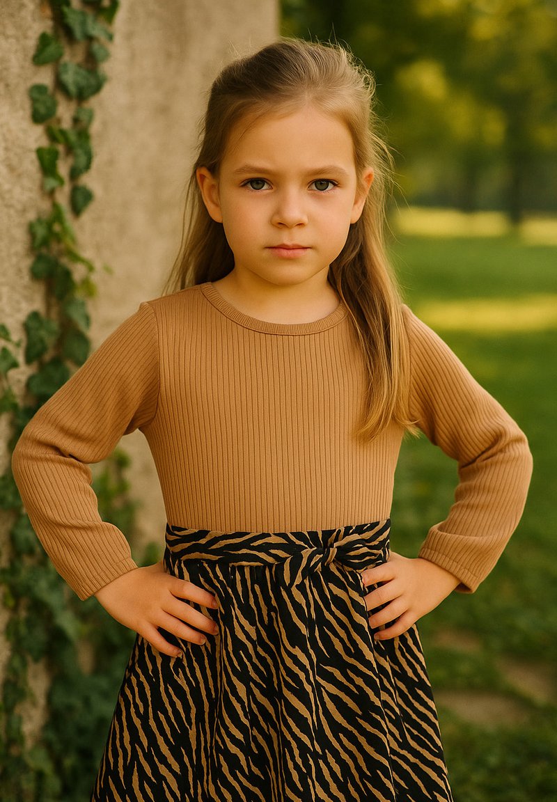 Ein junges Mädchen mit langen Haaren trägt ein braunes Rippenoberteil und einen Rock mit Zebra-Print. Sie steht im Freien mit den Händen in den Hüften und einem ernsten Ausdruck.