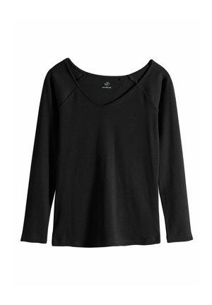 Zwarte lange mouwtop met een V-hals ontwerp, met een gladde textuur en ribbelmateriaal. Inclusief raglanmouwen voor extra comfort.